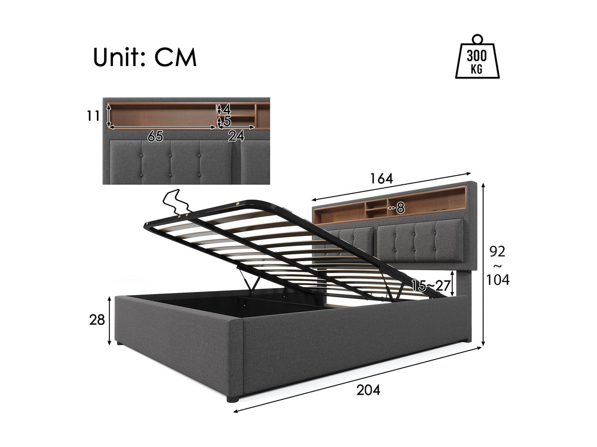 Lit Coffre 160x200 Tissu Lin Gris Capitonné avec Matelas et Port USB — vue 8