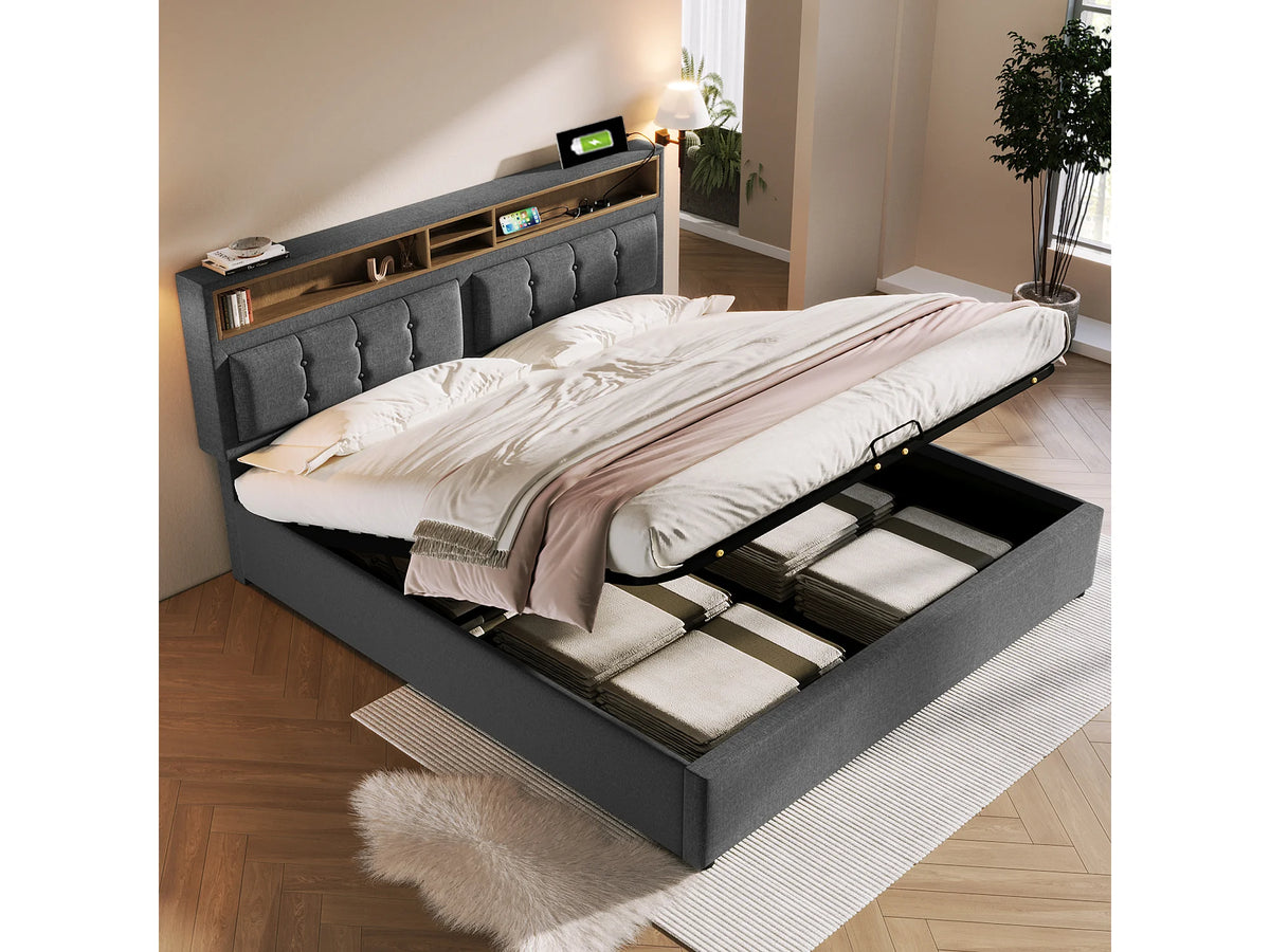 Lit Coffre 160x200 Tissu Lin Gris Capitonné avec Matelas et Port USB — vue 3