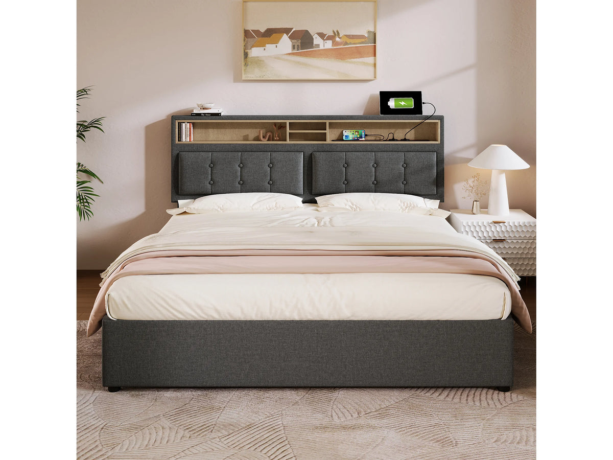 Lit Coffre 160x200 Tissu Lin Gris Capitonné avec Matelas et Port USB — vue 4