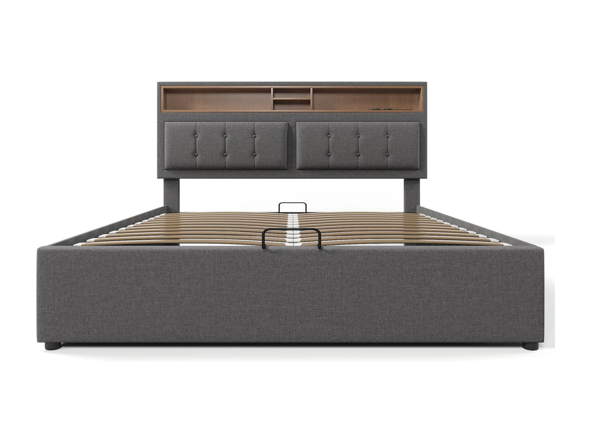 Lit Coffre 160x200 Tissu Lin Gris Capitonné avec Matelas et Port USB — vue 5