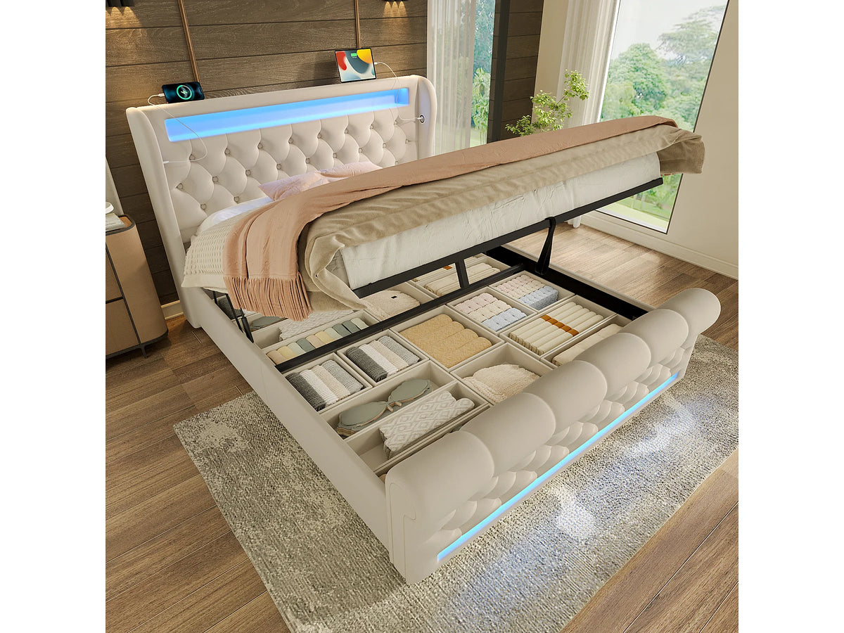 Lit Coffre 140x200 Velours Beige Capitonné avec LED et Port USB — vue 2