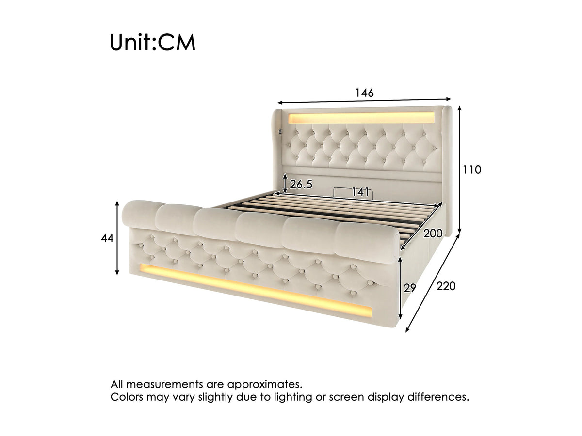 Lit Coffre 140x200 Velours Beige Capitonné avec LED et Port USB — vue 7
