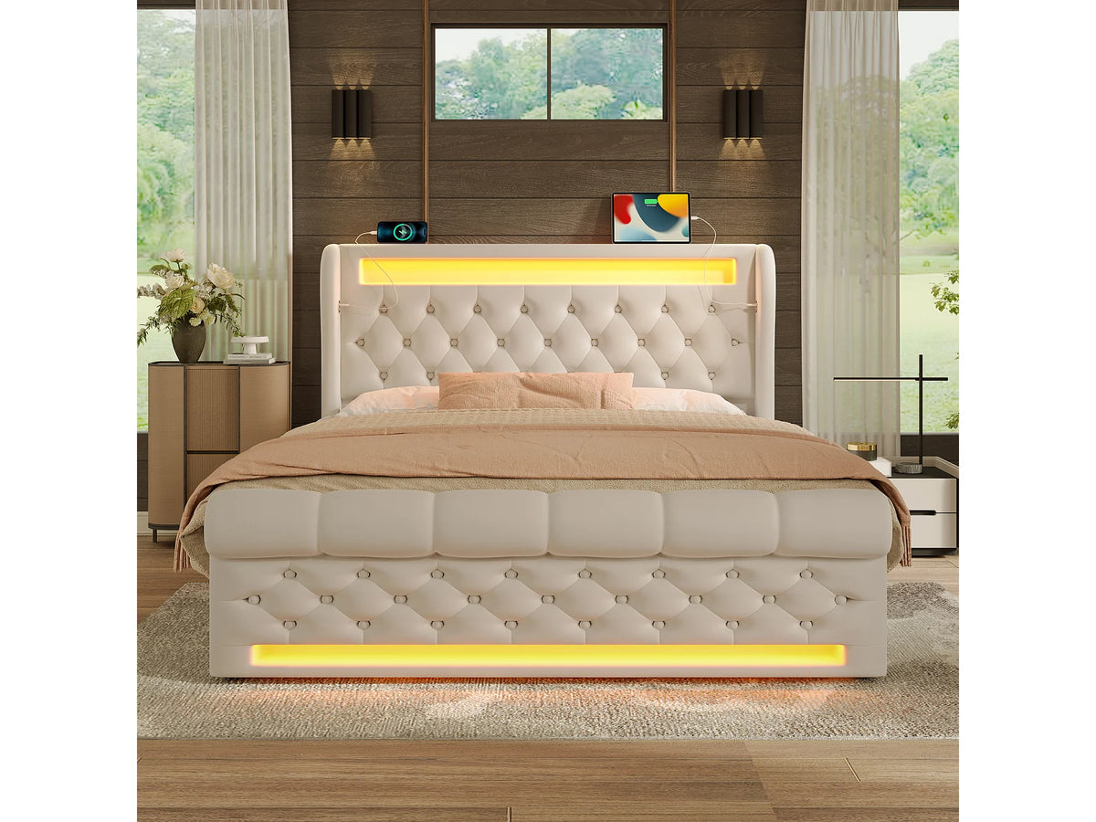Lit Coffre 140x200 Velours Beige Capitonné avec LED et Port USB — vue 3