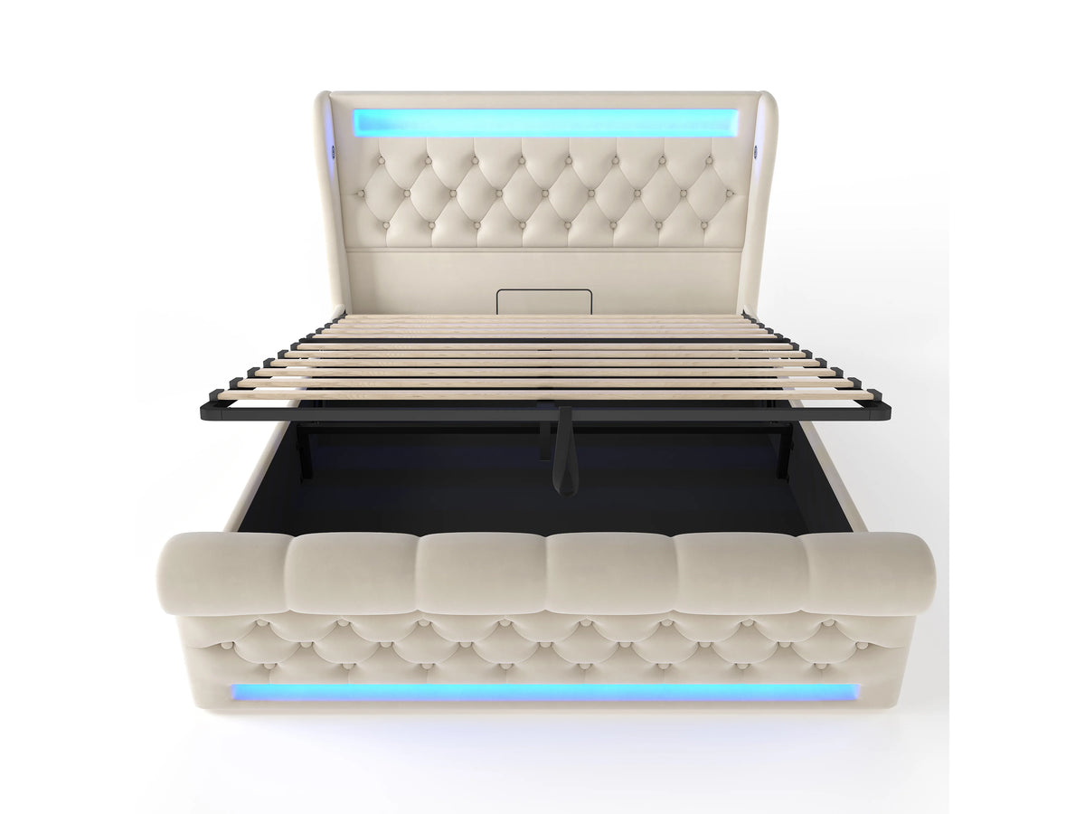 Lit Coffre 140x200 Velours Beige Capitonné avec LED et Port USB — vue 9