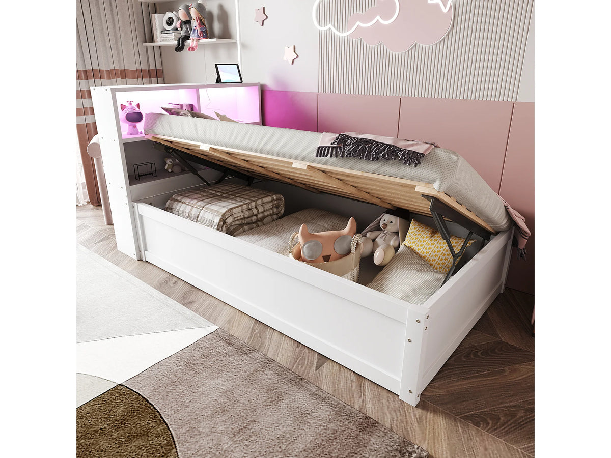 Lit Coffre 90x200 Bois Blanc avec LED — vue 2