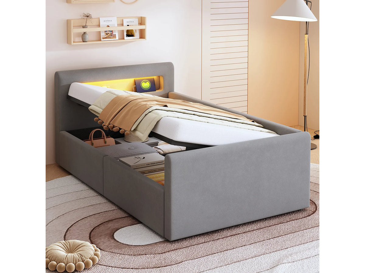 Lit Coffre 90x200 Velours Gris clair avec LED et Port USB