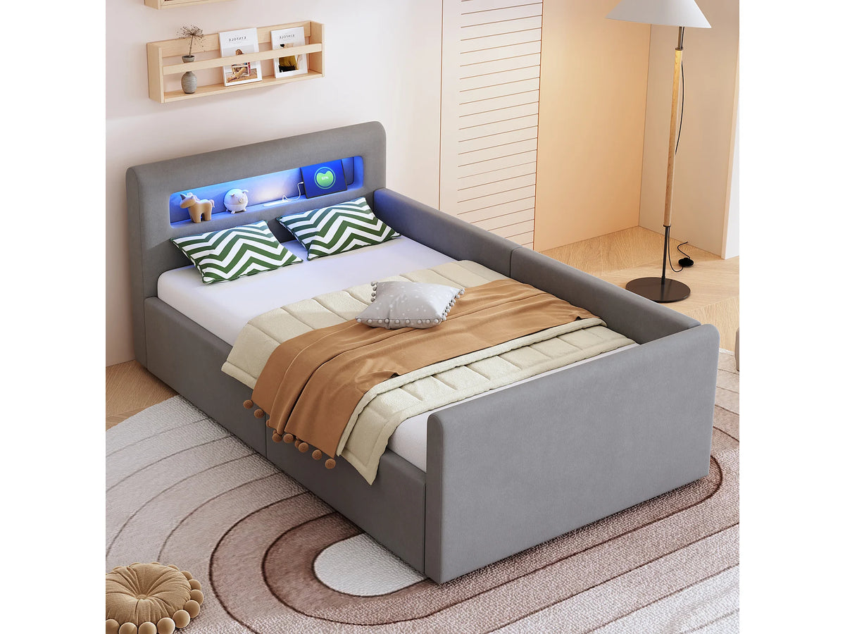 Lit Coffre 90x200 Velours Gris clair avec LED et Port USB — vue 3
