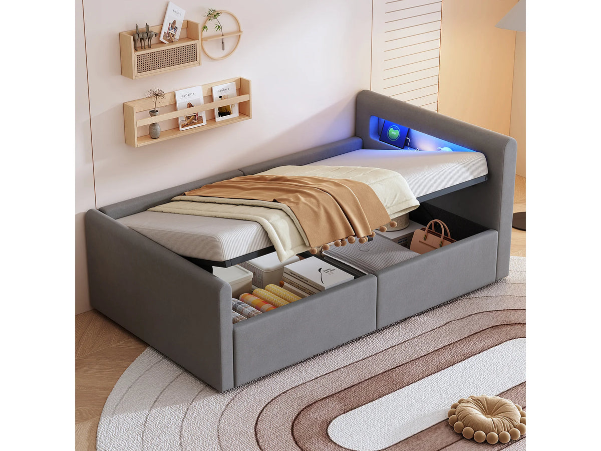 Lit Coffre 90x200 Velours Gris clair avec LED et Port USB — vue 4