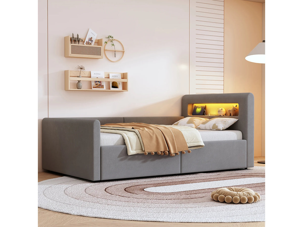 Lit Coffre 90x200 Velours Gris clair avec LED et Port USB — vue 5