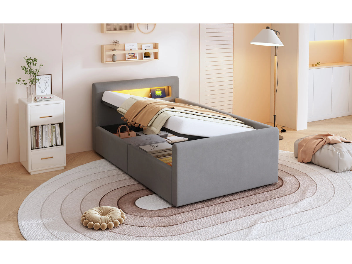 Lit Coffre 90x200 Velours Gris clair avec LED et Port USB — vue 7