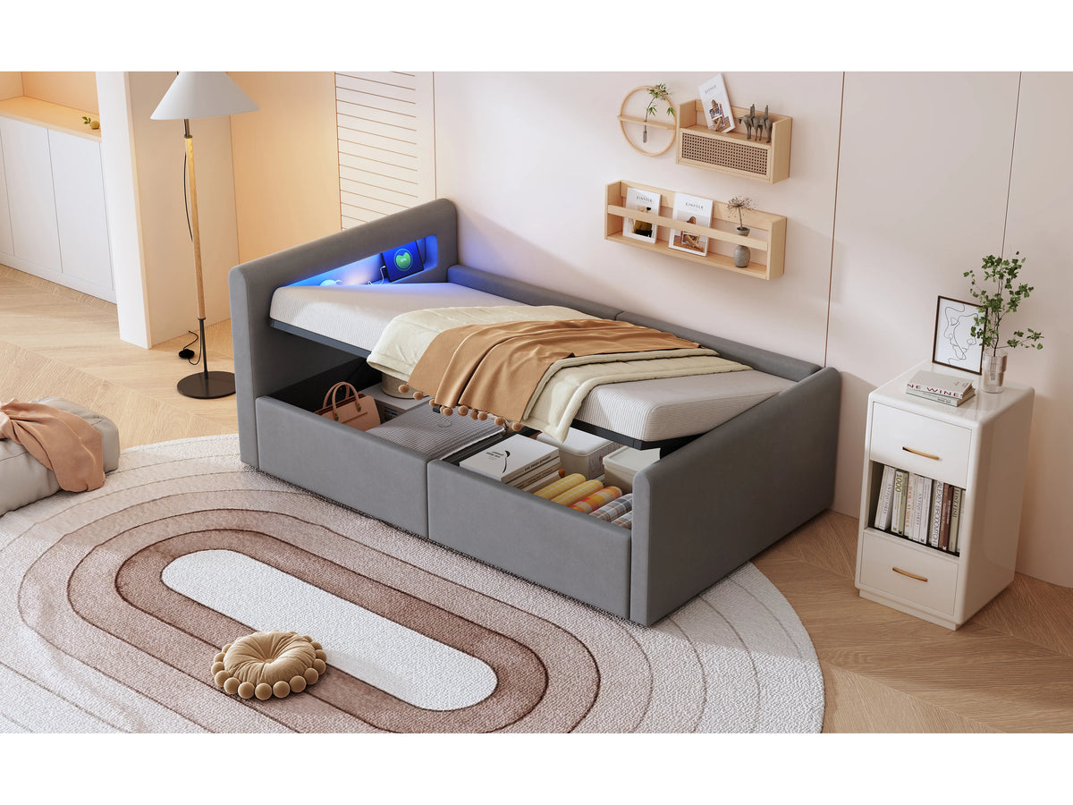 Lit Coffre 90x200 Velours Gris clair avec LED et Port USB — vue 9
