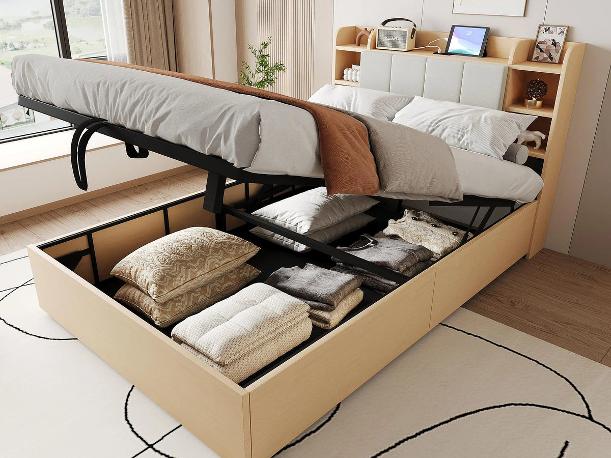 Lit Coffre 140x200 Bois Naturel clair avec Port USB