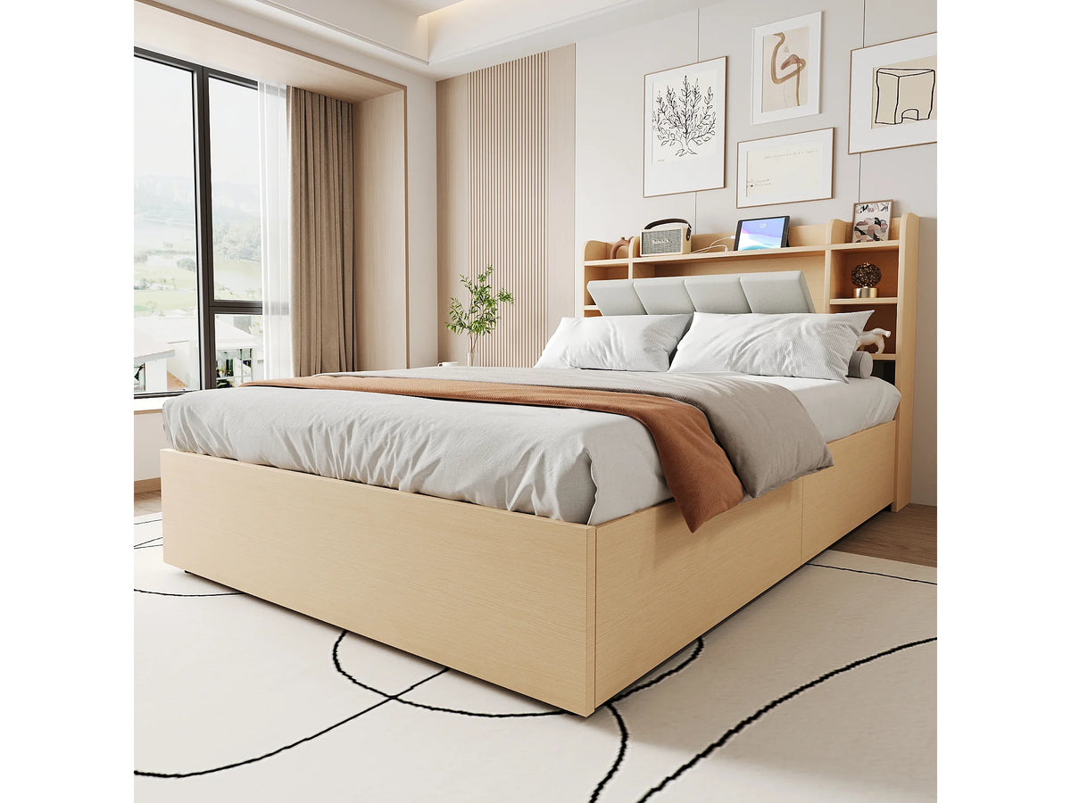 Lit Coffre 140x200 Bois Naturel clair avec Port USB — vue 2