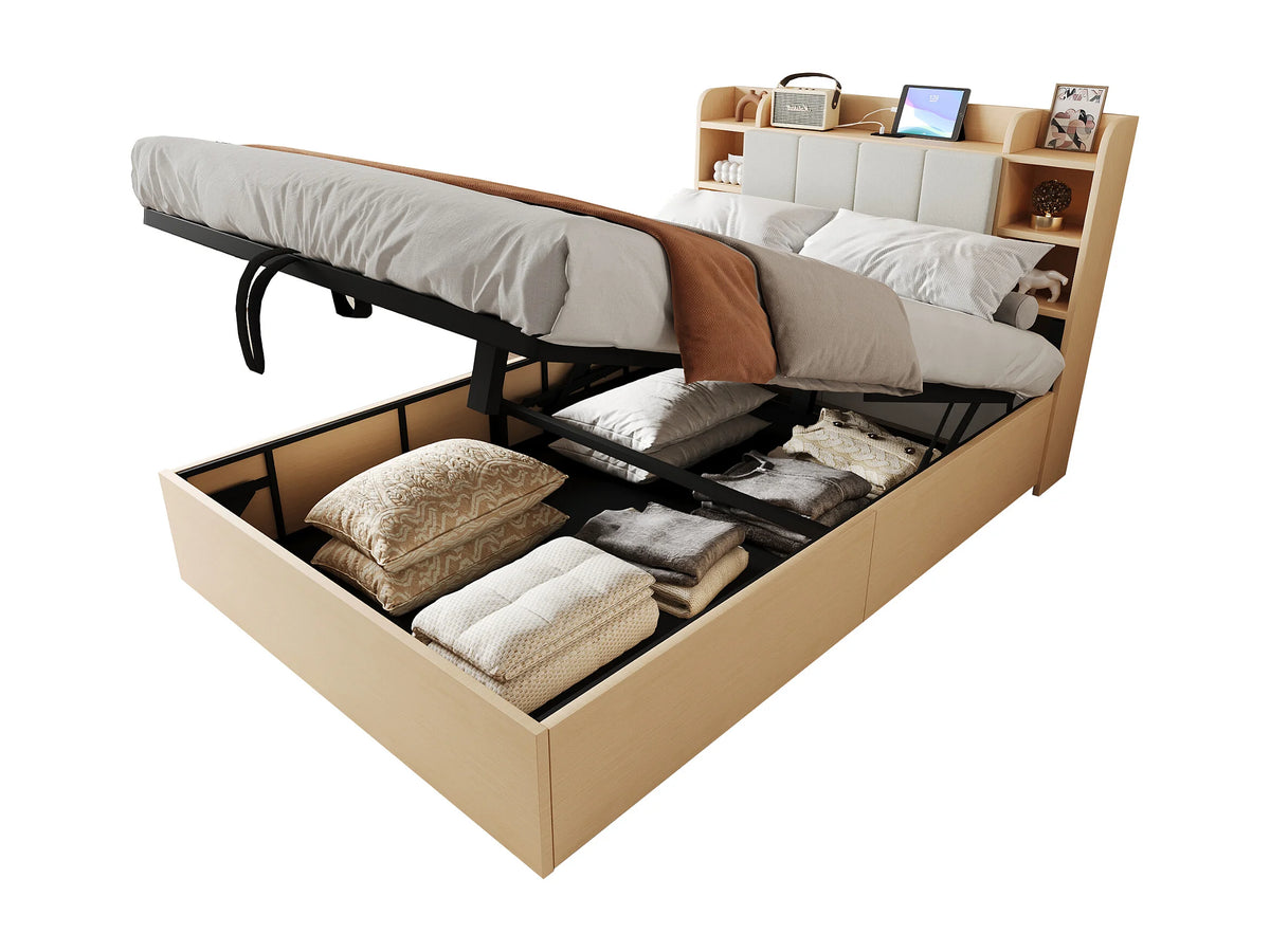 Lit Coffre 140x200 Bois Naturel clair avec Port USB — vue 4