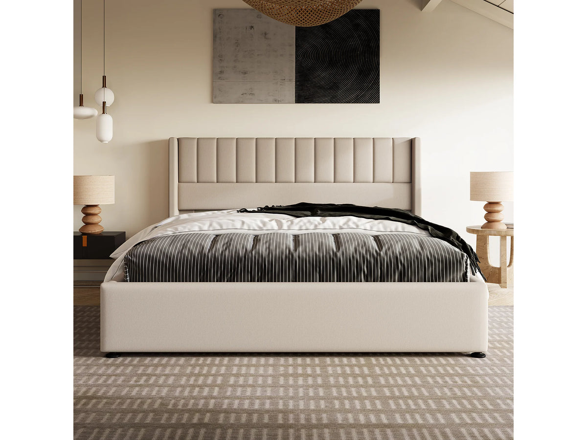 Lit Coffre 140x200 Tissu Lin Beige — vue 2