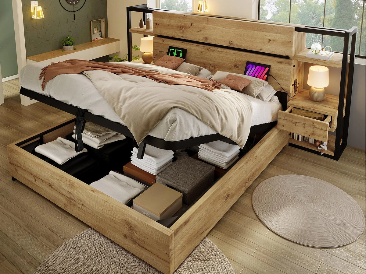 Lit Coffre 160x200 Bois Naturel clair avec Tiroirs et Port USB