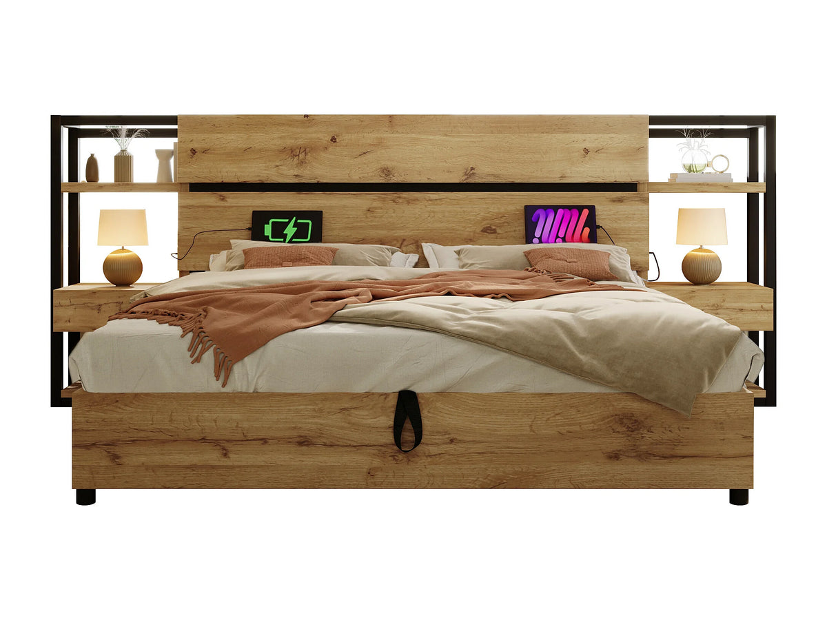 Lit Coffre 160x200 Bois Naturel clair avec Tiroirs et Port USB — vue 5