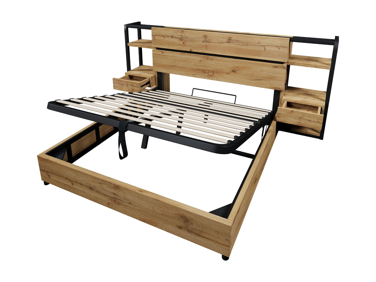 Lit Coffre 160x200 Bois Naturel clair avec Tiroirs et Port USB — vue 10