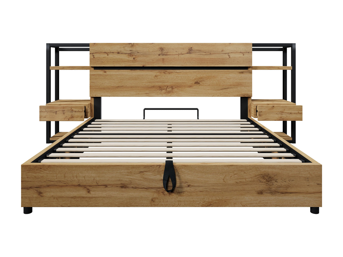 Lit Coffre 160x200 Bois Naturel clair avec Tiroirs et Port USB — vue 6