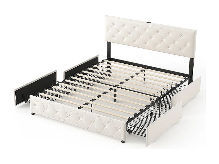 Lit Coffre 140x200 Velours Beige avec Chevets, Tiroirs et Port USB — vue 5