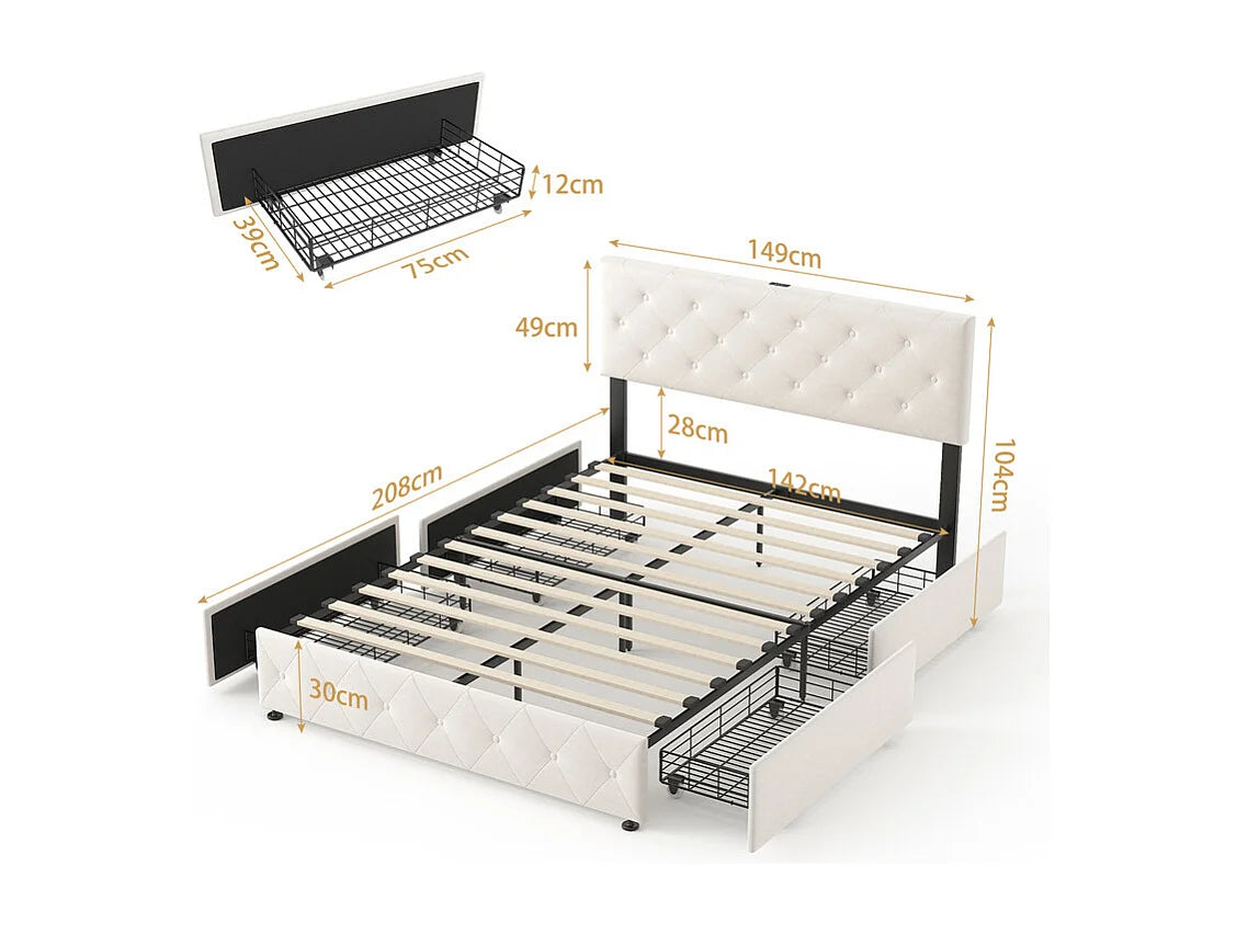 Lit Coffre 140x200 Velours Beige avec Chevets, Tiroirs et Port USB — vue 7