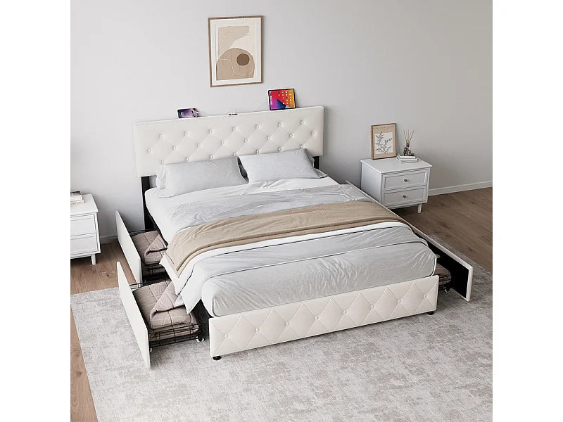 Lit Coffre 140x200 Velours Beige avec Chevets, Tiroirs et Port USB