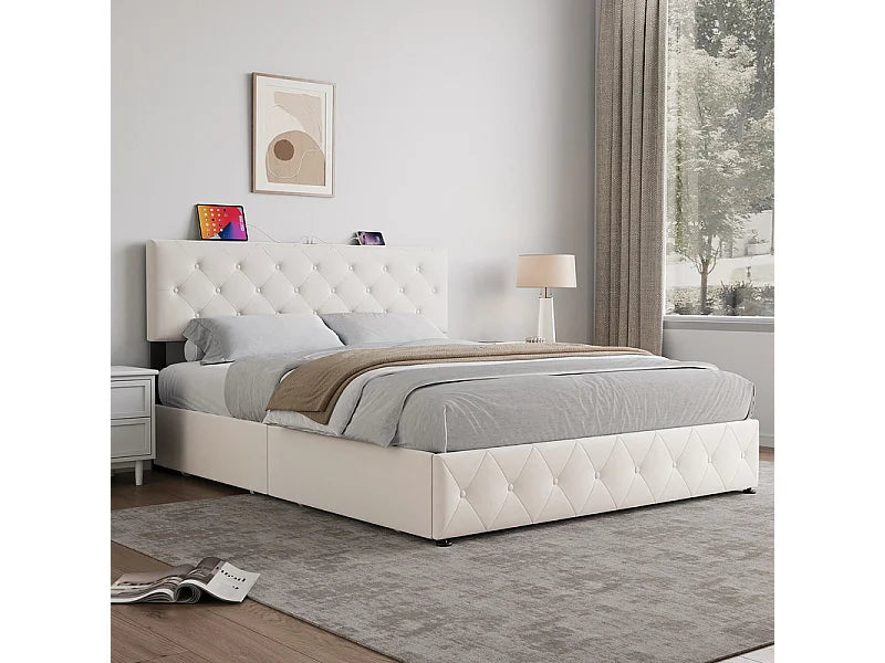 Lit Coffre 140x200 Velours Beige avec Chevets, Tiroirs et Port USB — vue 2