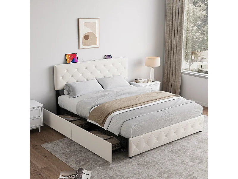Lit Coffre 140x200 Velours Beige avec Chevets, Tiroirs et Port USB — vue 3