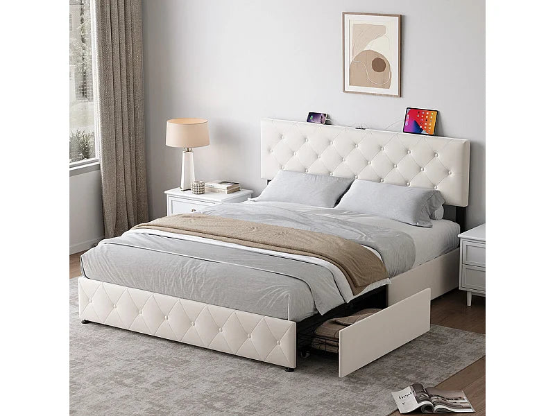 Lit Coffre 140x200 Velours Beige avec Chevets, Tiroirs et Port USB — vue 10