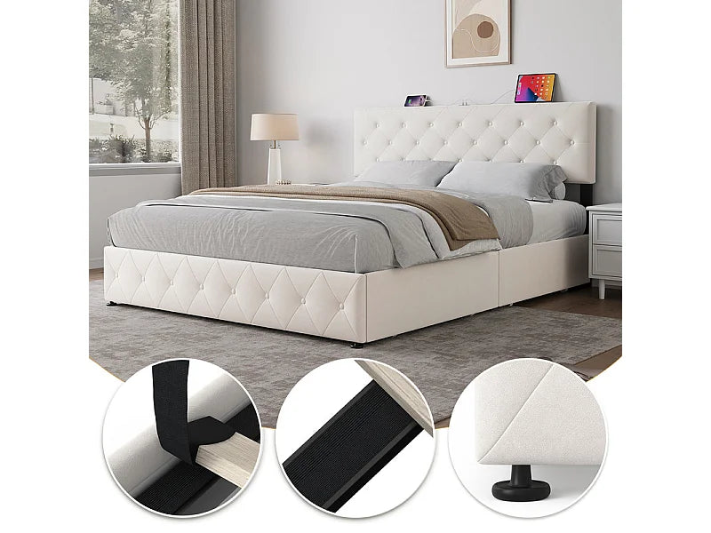 Lit Coffre 140x200 Velours Beige avec Chevets, Tiroirs et Port USB — vue 6