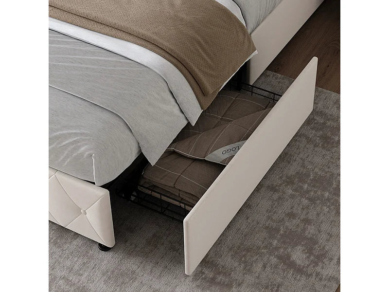 Lit Coffre 140x200 Velours Beige avec Chevets, Tiroirs et Port USB — vue 9