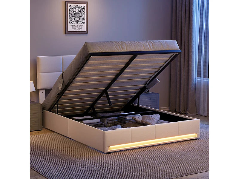 Lit Coffre 160x200 Velours Beige avec Chevets, LED et Port USB