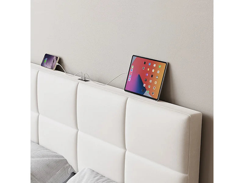 Lit Coffre 160x200 Velours Beige avec Chevets, LED et Port USB — vue 4