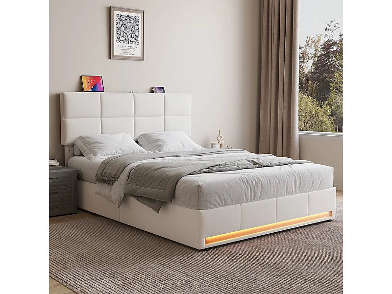 Lit Coffre 160x200 Velours Beige avec Chevets, LED et Port USB — vue 5