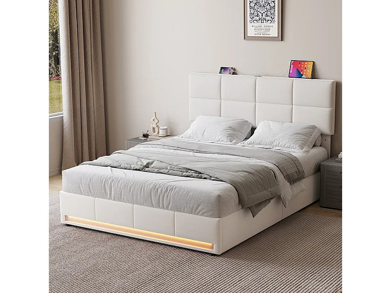 Lit Coffre 160x200 Velours Beige avec Chevets, LED et Port USB — vue 6