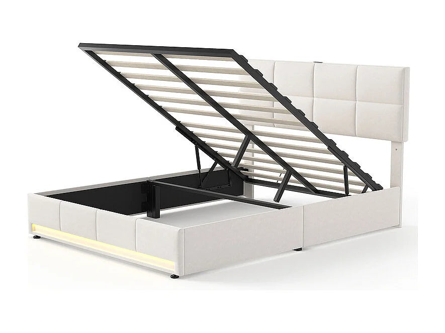 Lit Coffre 160x200 Velours Beige avec Chevets, LED et Port USB — vue 7