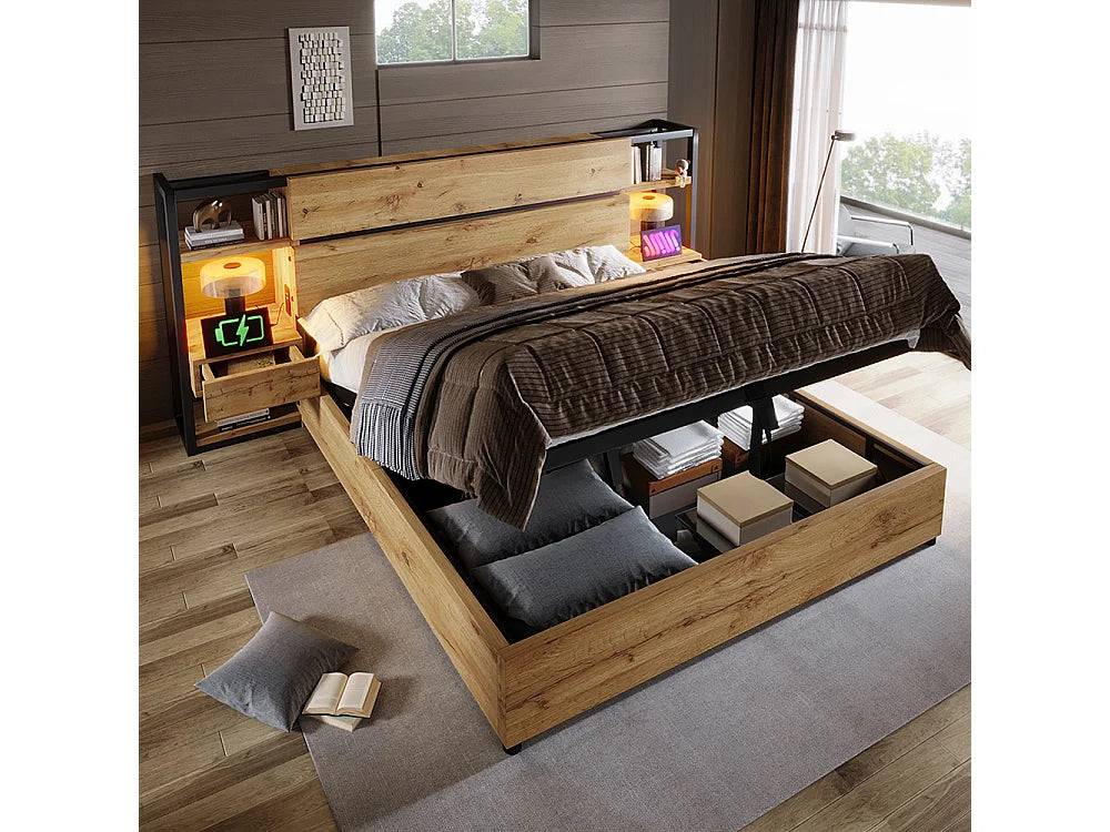 Lit Coffre 180x200 Bois Naturel clair avec Chevets, Tiroirs et Port USB