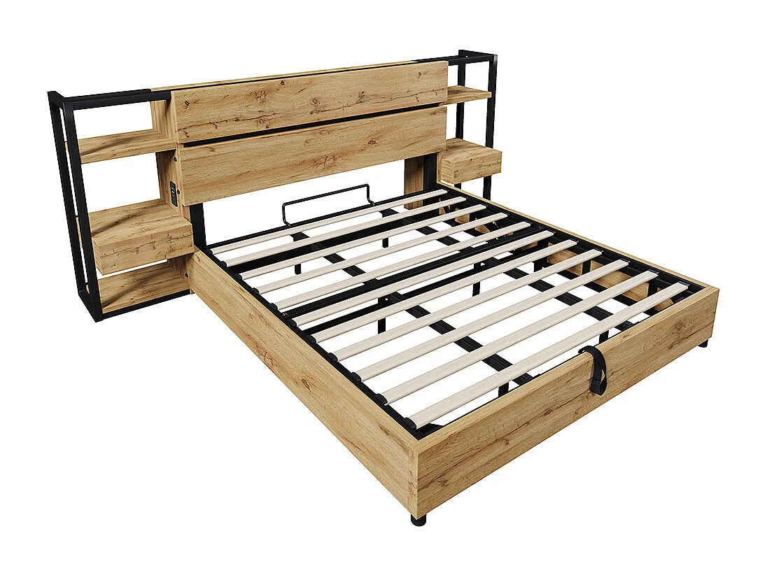 Lit Coffre 180x200 Bois Naturel clair avec Chevets, Tiroirs et Port USB — vue 10