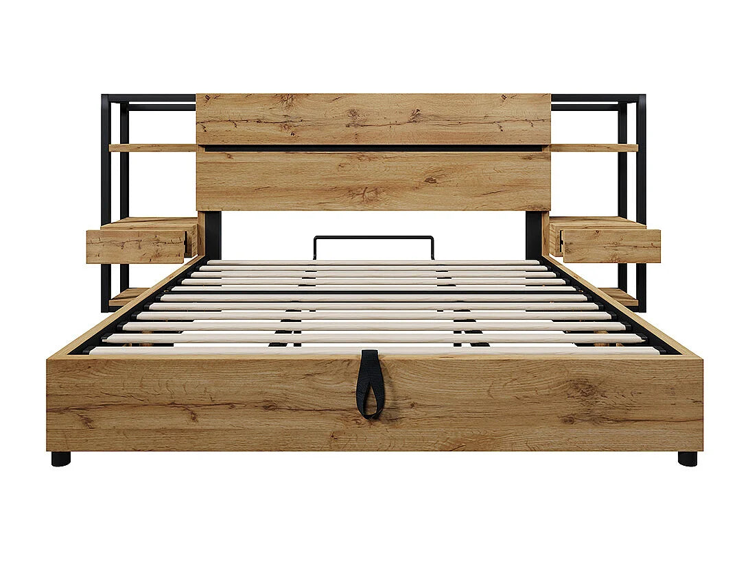 Lit Coffre 180x200 Bois Naturel clair avec Chevets, Tiroirs et Port USB — vue 3