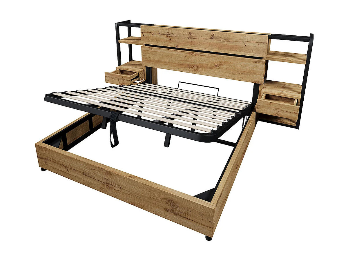 Lit Coffre 180x200 Bois Naturel clair avec Chevets, Tiroirs et Port USB — vue 4