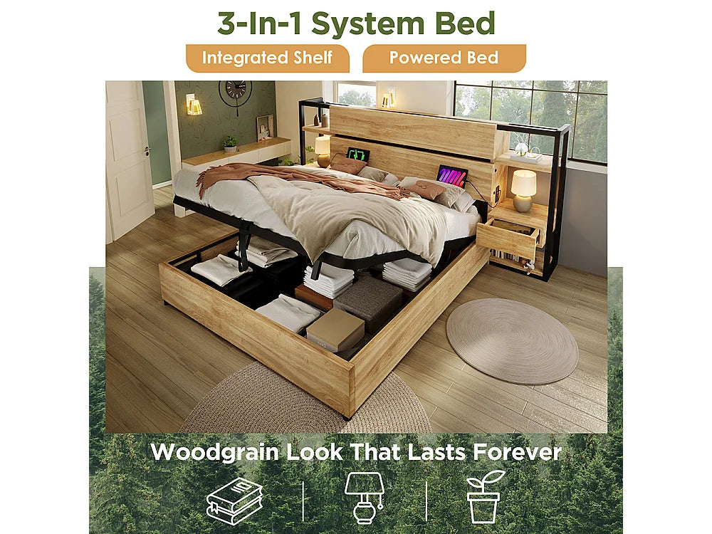 Lit Coffre 180x200 Bois Naturel clair avec Chevets, Tiroirs et Port USB — vue 5
