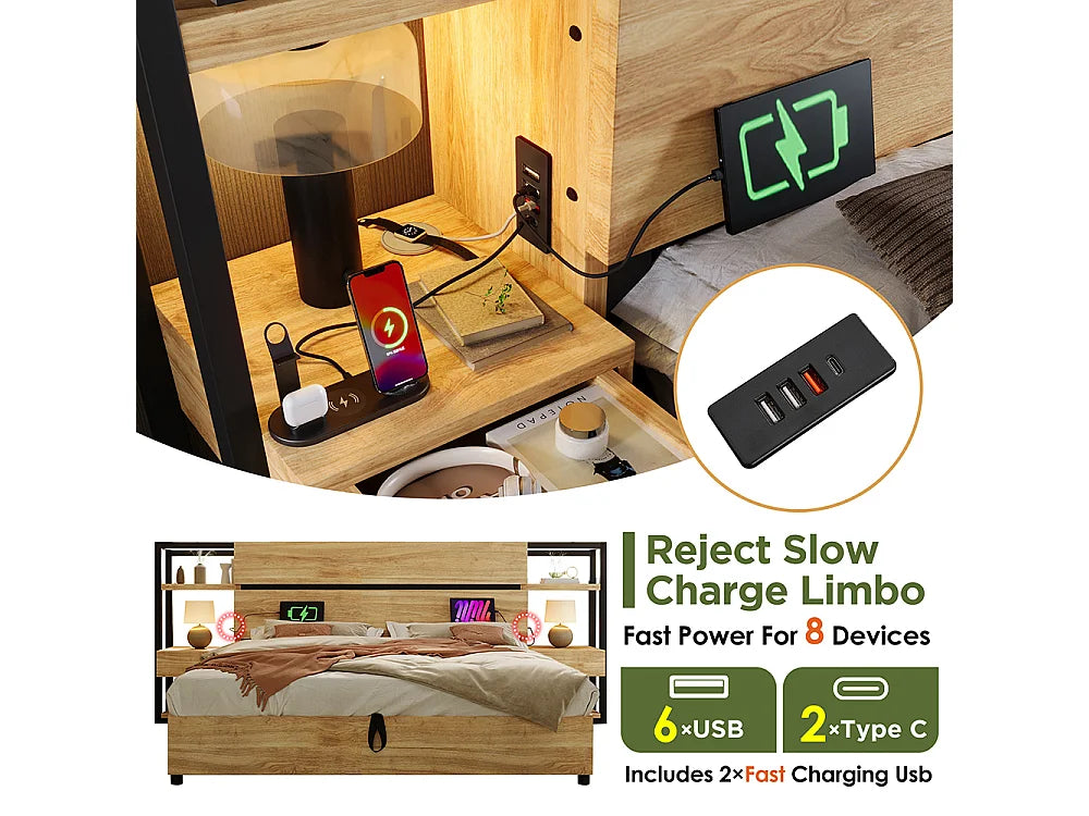 Lit Coffre 180x200 Bois Naturel clair avec Chevets, Tiroirs et Port USB — vue 8