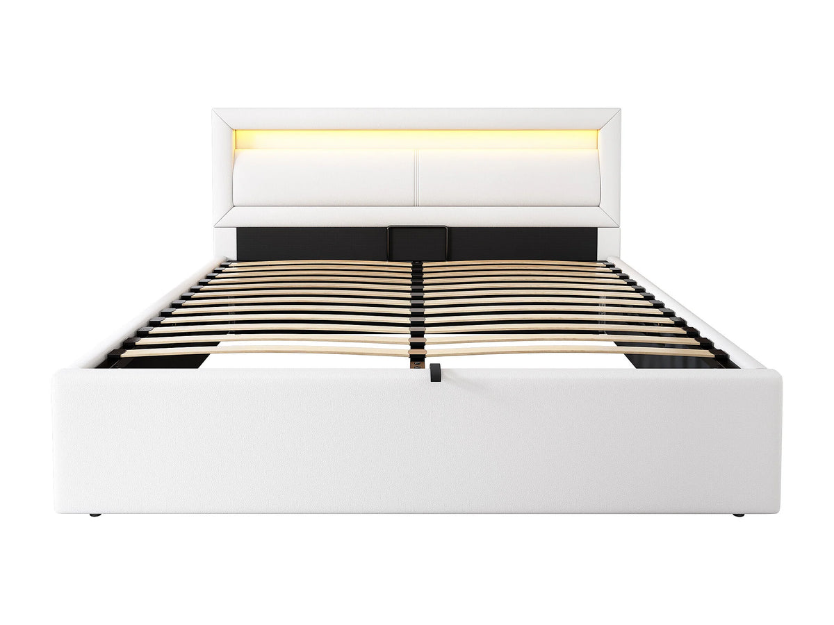 Lit Coffre 140x200 Simili Cuir Blanc Capitonné avec LED — vue 6