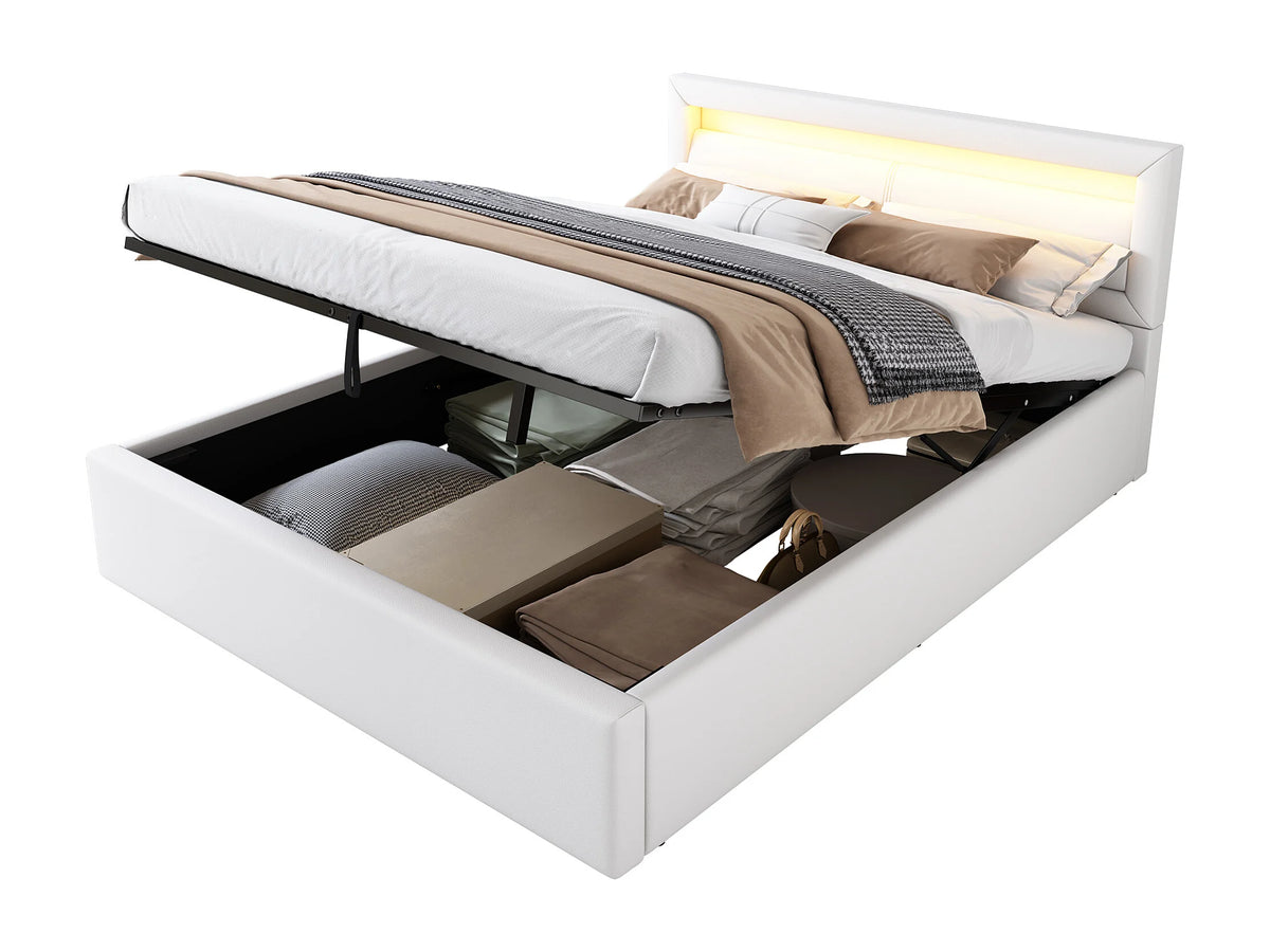 Lit Coffre 140x200 Simili Cuir Blanc Capitonné avec LED — vue 7