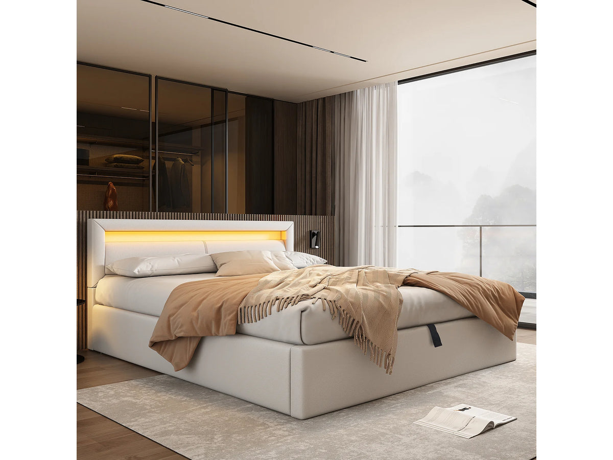 Lit Coffre 140x200 Simili Cuir Blanc Capitonné avec LED — vue 4
