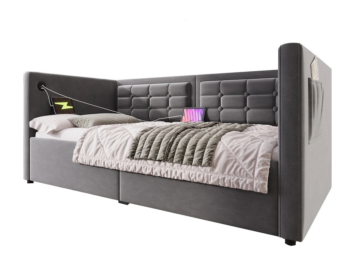 Lit Coffre 90x200 Velours Gris avec Port USB — vue 5