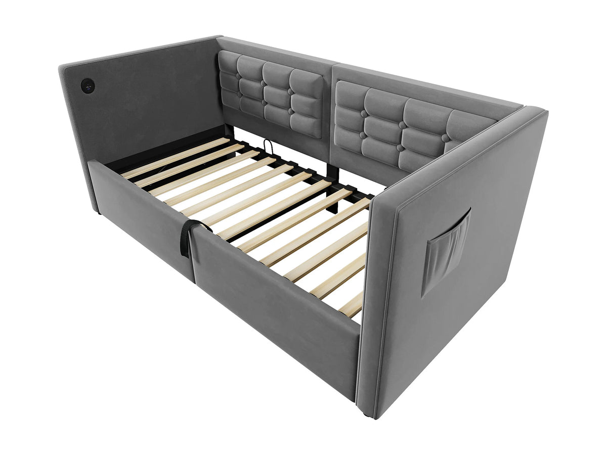 Lit Coffre 90x200 Velours Gris avec Port USB — vue 6