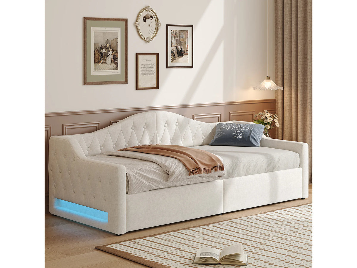 Lit Coffre 90x200 Tissu Lin Beige avec LED — vue 3