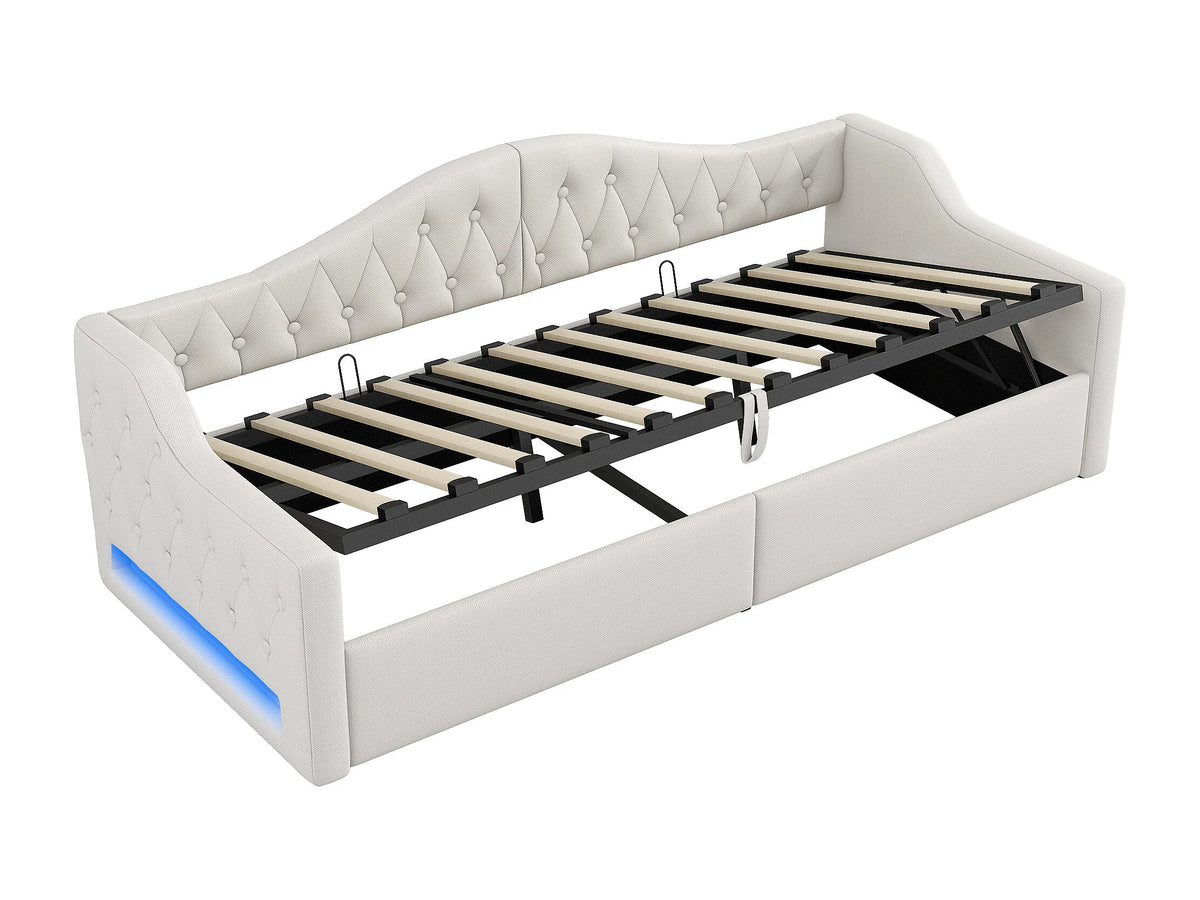 Lit Coffre 90x200 Tissu Lin Beige avec LED — vue 9
