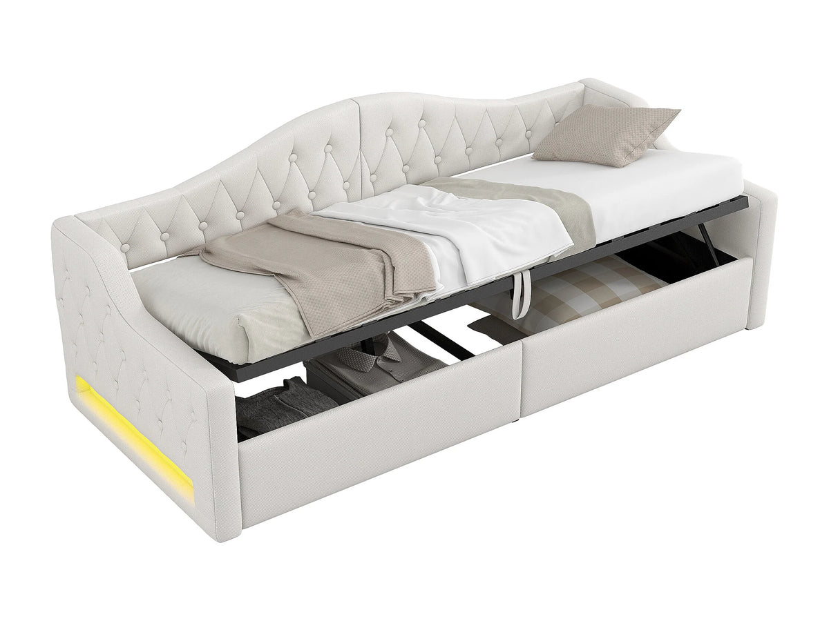 Lit Coffre 90x200 Tissu Lin Beige avec LED — vue 10